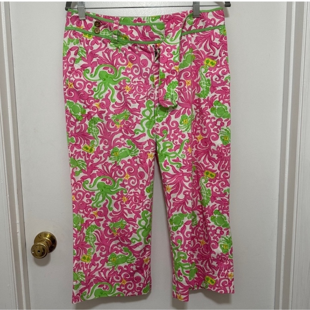 Lilly Pulitzer Main Line Fit Pants Pink Green Floral Octopus Crab Pattern
